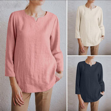 外贸秋季新款纯色长袖棉麻V领T恤上衣长袖宽松休闲大码女装