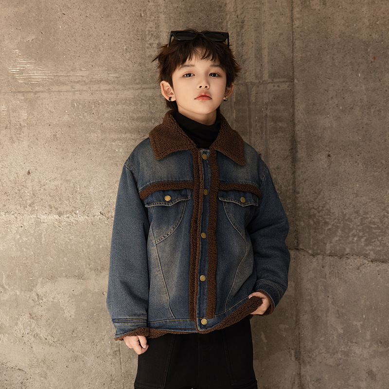 Boys' Winter Wear Plus Velvet Denim Jacket 2025 New Style For Middle And Large Children Autumn And Winter Boys Thickened Trendy Denim Jacket Jacket_voghion.com