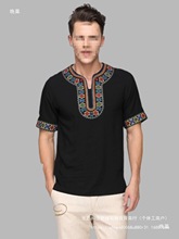 夏季新款新疆民族风男士短袖T恤绣花维吾尔族多色衬衣棉t恤情侣装