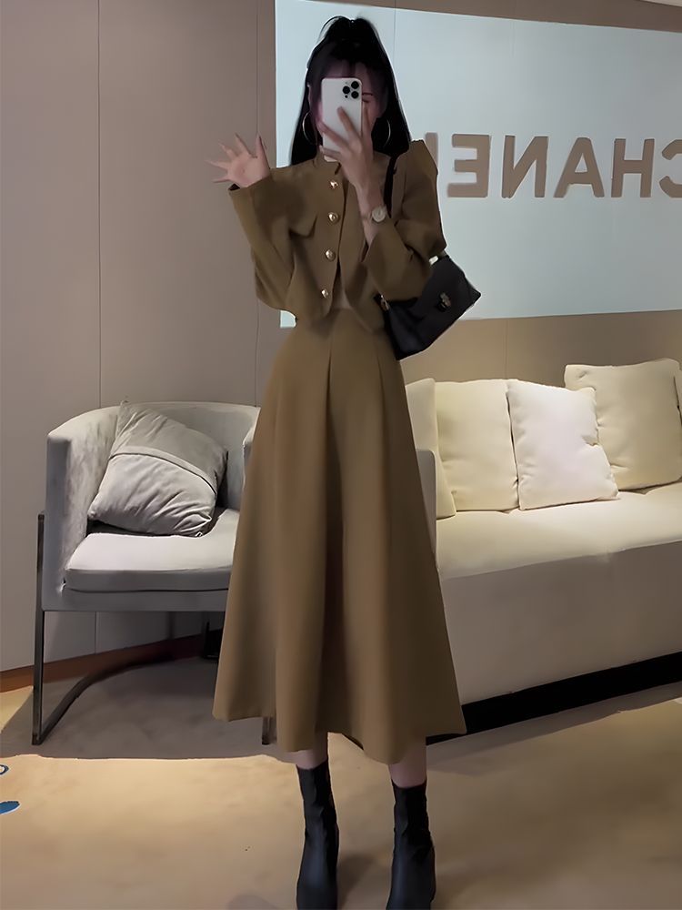 气质名媛小香风套装裙女春装新款赫本风感外套+半身裙两件套