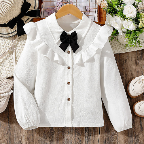 女童衬衫2024春季外贸款拼接花边蝴蝶结女童西装衬衫女孩打底衫潮
