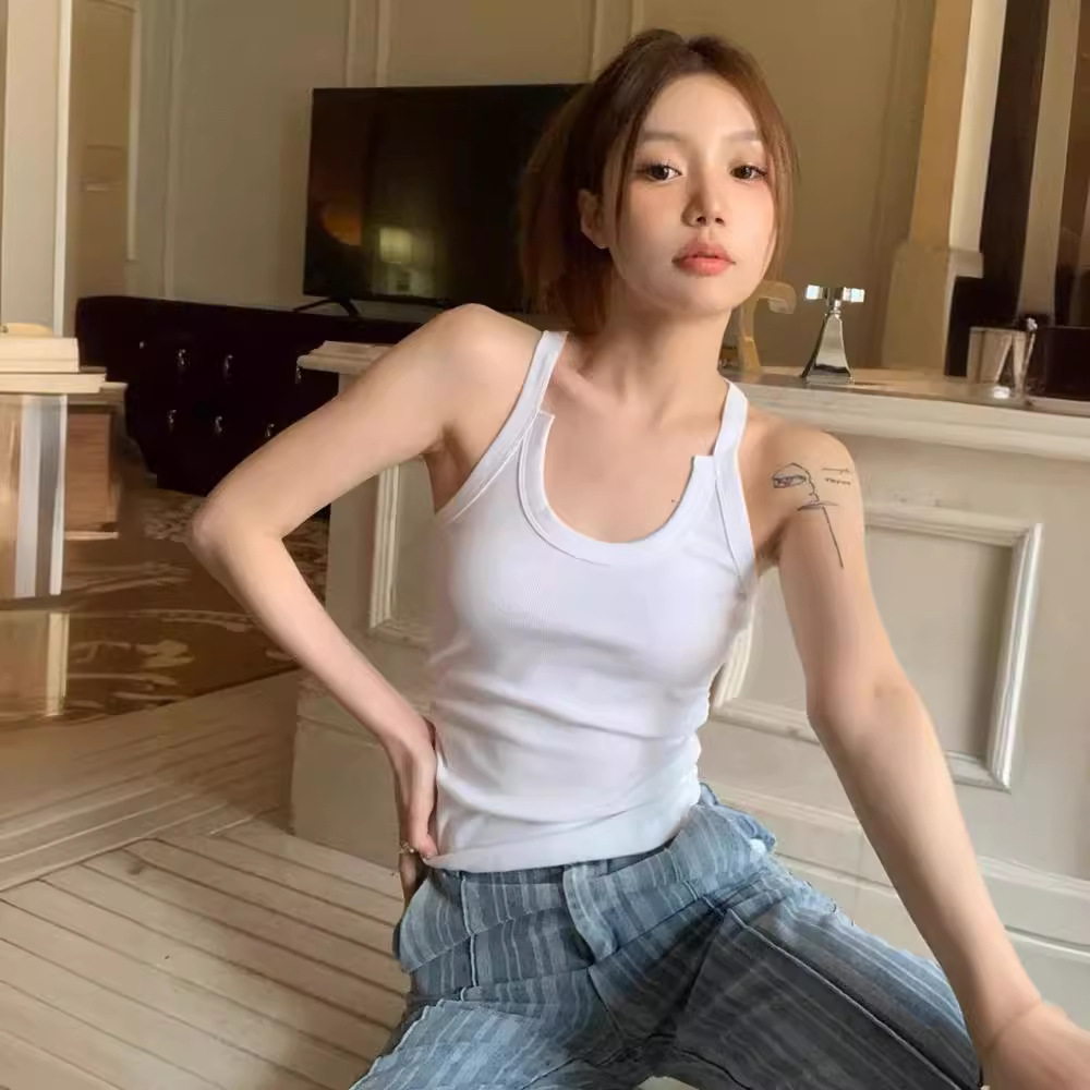 Diseño de chaleco de cinturón interior de mujer de verano vestido blanco de chica caliente delgado sin mangas tope de moda