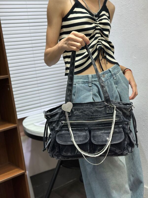 跨境专供水洗牛仔女包欧美复古包包做旧时尚单肩包手提包斜跨包包|undefined