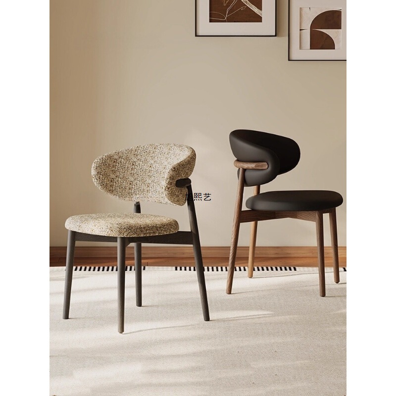 French-Style Mid-Century Solid Wood Dining Chair, Designer Model for Home Use, Nordic Retro Backrest, Japanese-Style Genuine Leather Dining Chair
