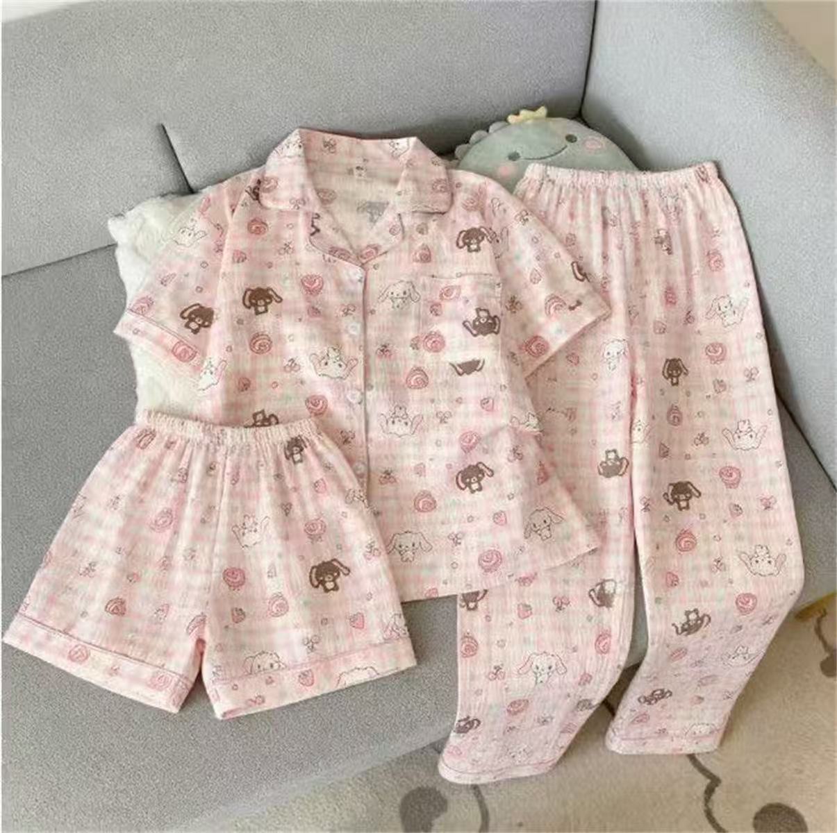 Al por mayor transfronterizo pantalones cortos de manga corta pantalones cortos de tres piezas pijamas nubes de algodón leopardo KT gato cardigan dibujos animados ropa para el hogar