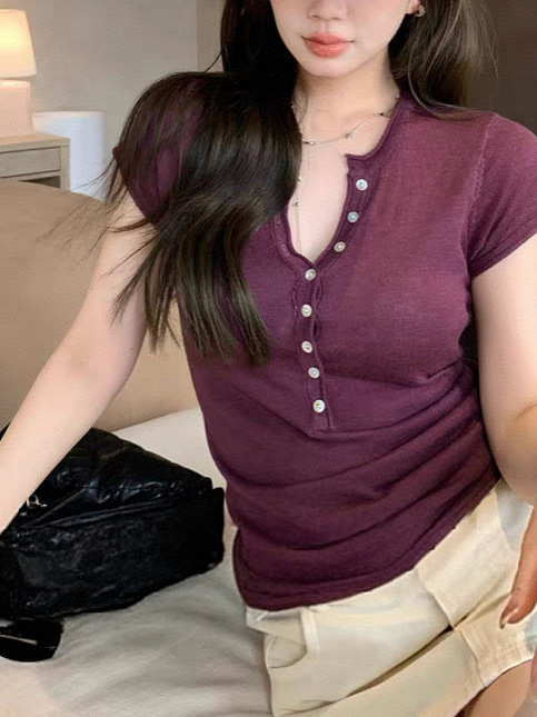 至简主义亨利领短袖t恤女新款夏季修身显瘦上衣|undefined