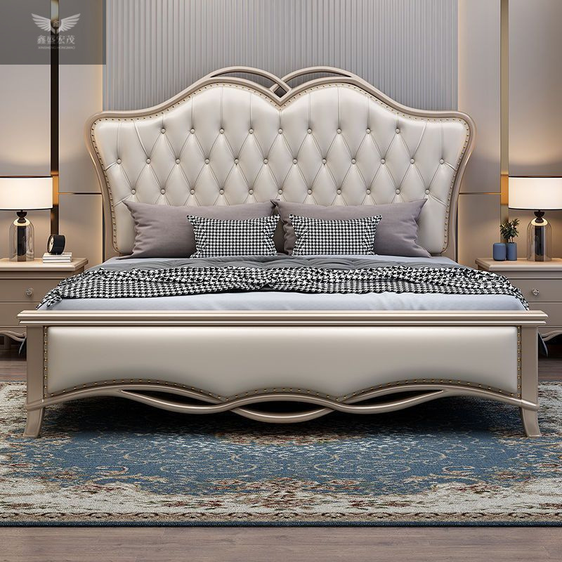 Cama simple de madera maciza estilo europeo americano de lujo ligero cama doble moderna 1.8m oro de champagne de lujo cama de 1.5m cama de matrimonio