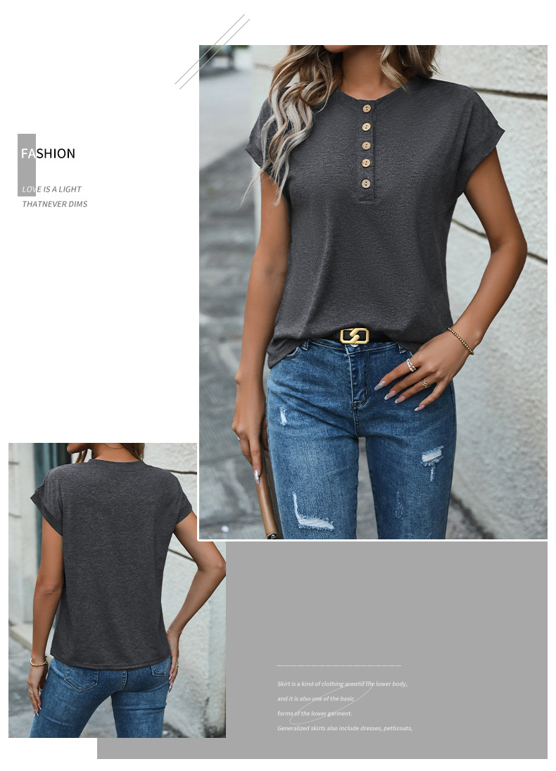 Solid Color Button Plain Sleeveless Basic T-shirt_voghion.com