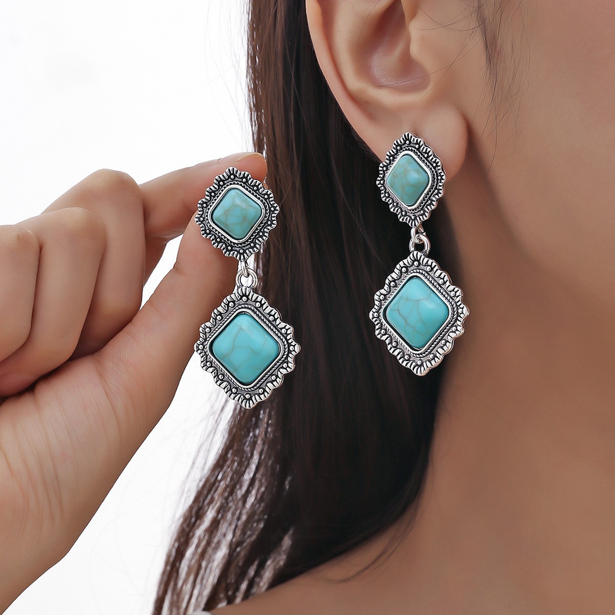 turquoise retro ethnic geometric earrings
