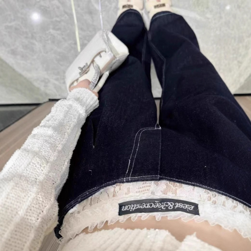 South Korea restandrecreation Lace Stitching Double-Layer Wide-Leg American Style Hot Girl High Waist Rr Jeans Women