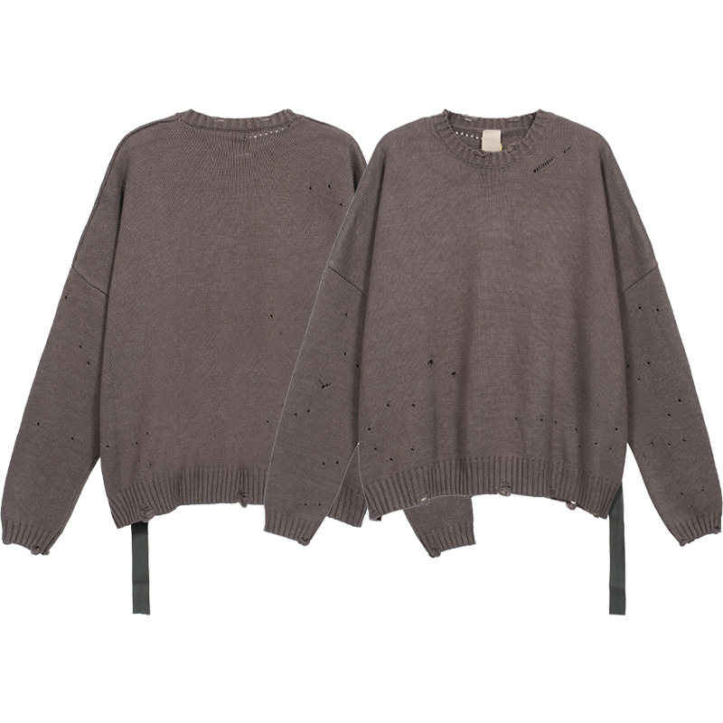 Estilo coreano flojo del todo-fósforo Undermycar apenado rasgado color sólido cuello redondo jersey de los hombres y las mujeres del mismo suéter de punto