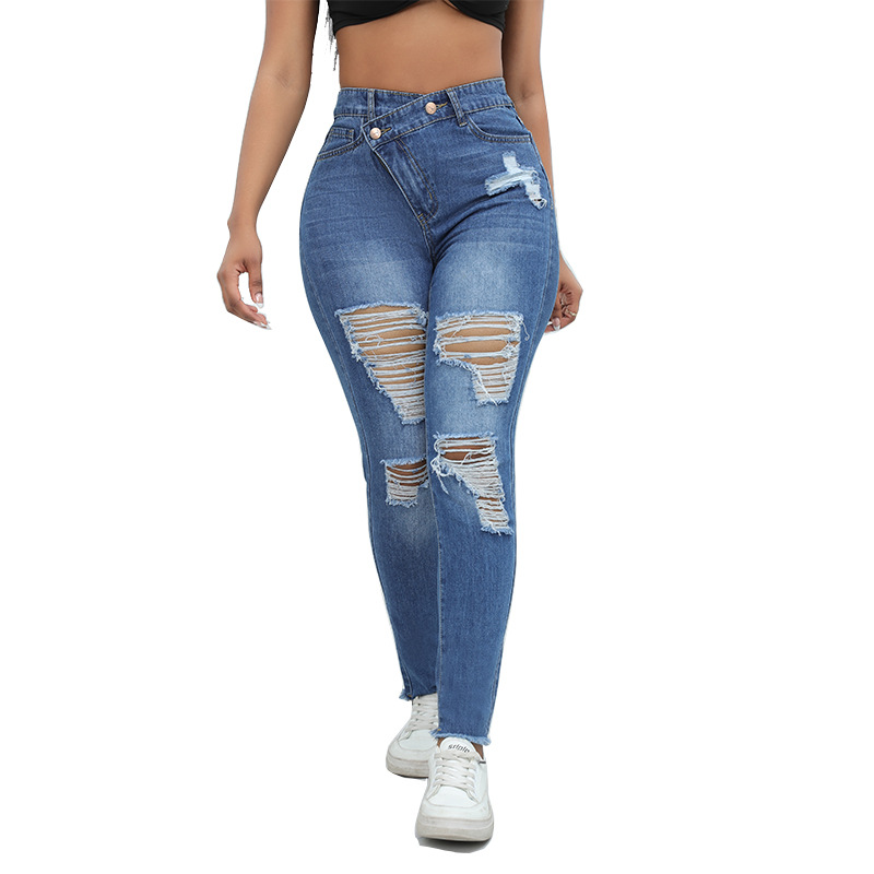 New Fashion Denim Ripped Long Pants, Sexy High-Waisted European And American Slim-Fit Pants For Women 2023_ecoleips.com