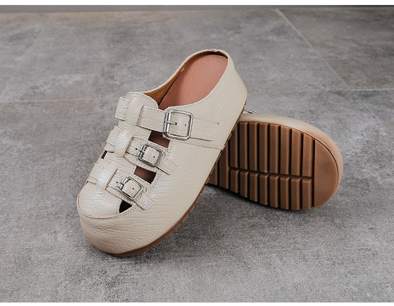 Dép sandal nữ da bò mũi kín đế dày lỗ thoáng khí — màu nâu chi tiết 11