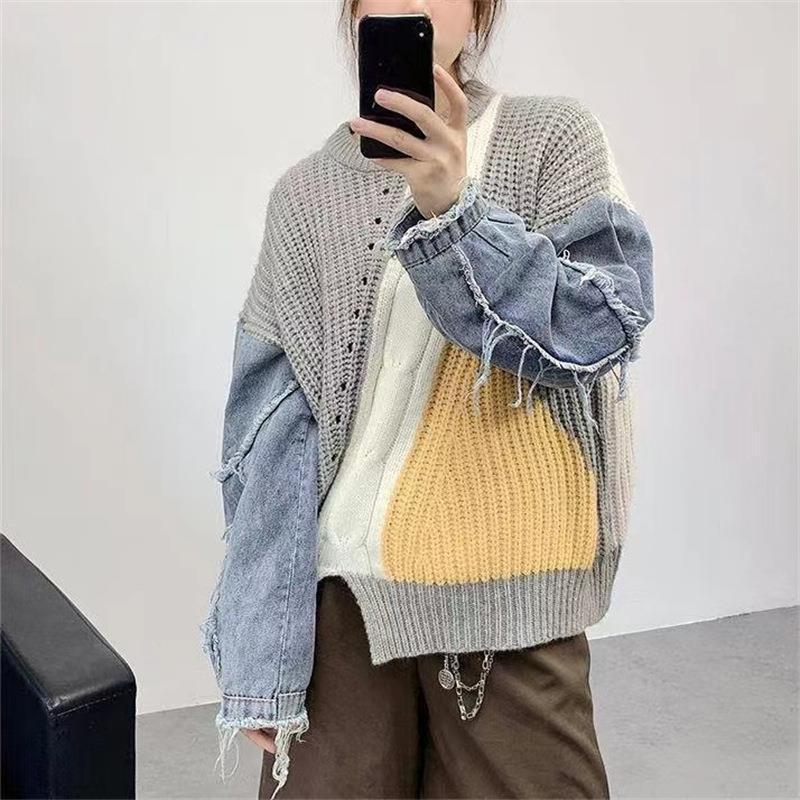 牛仔拼接麻花新款毛衣女2023春秋套头上衣显瘦气质宽松针织衫女装|undefined