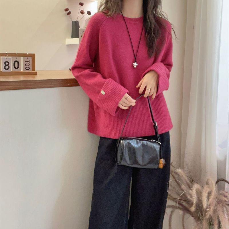 法式高级感袖口加厚圆领毛衣女秋冬软糯慵懒风内搭打底针织衫上衣|undefined