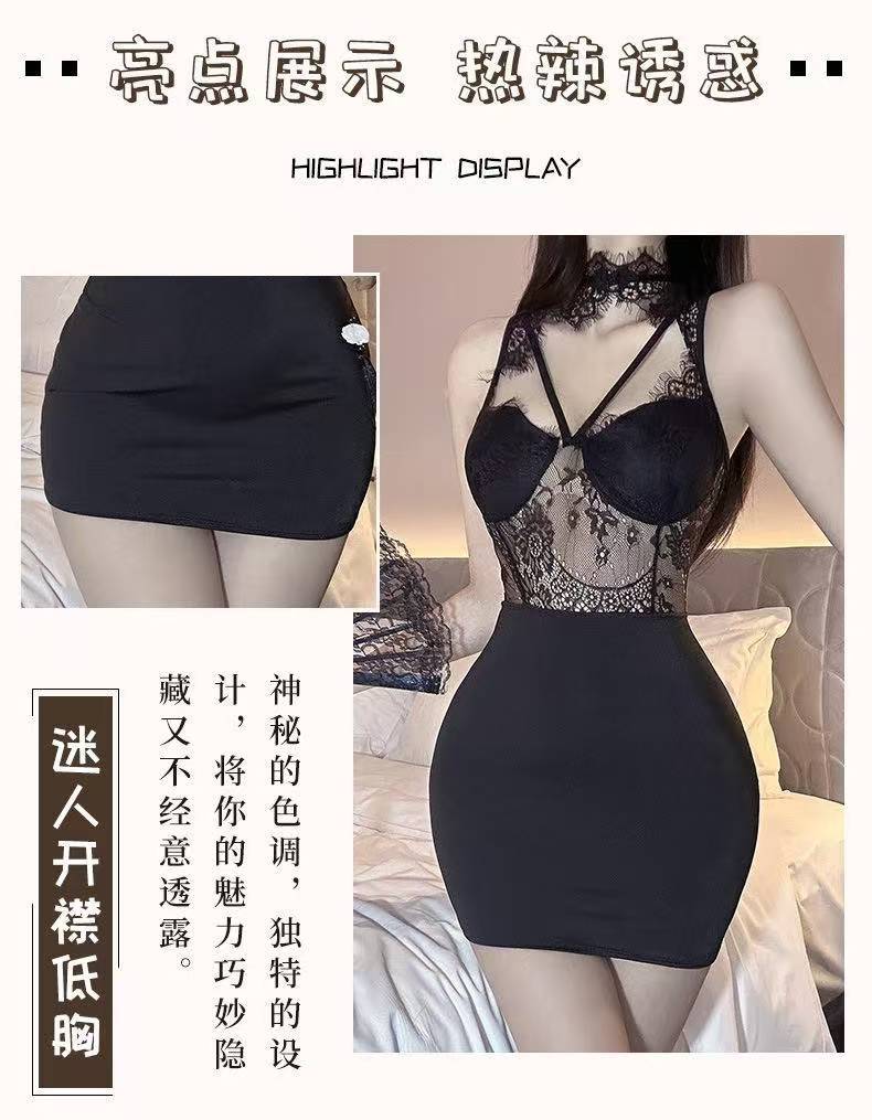 Sexy Lace Push-up Lingerie Set with Cat Ears, Deep V Slim-fit Black One Size — detail image 5
