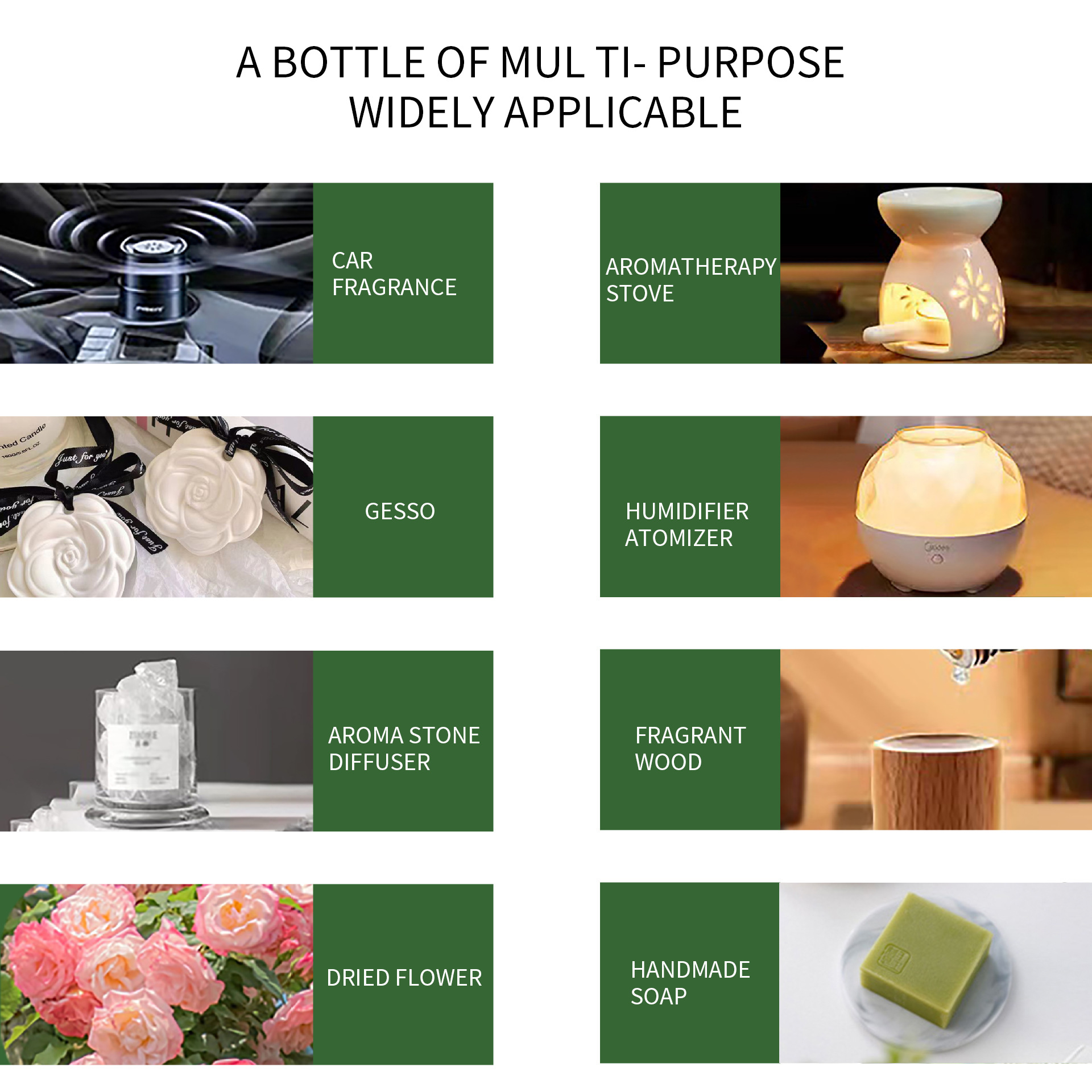 Los aceites esenciales de aromaterapia que son solubles en agua son exclusivos para uso doméstico en humidificadores interiores y son adecuados para la aromaterapia en automóviles. Son seguros y no irritantes.