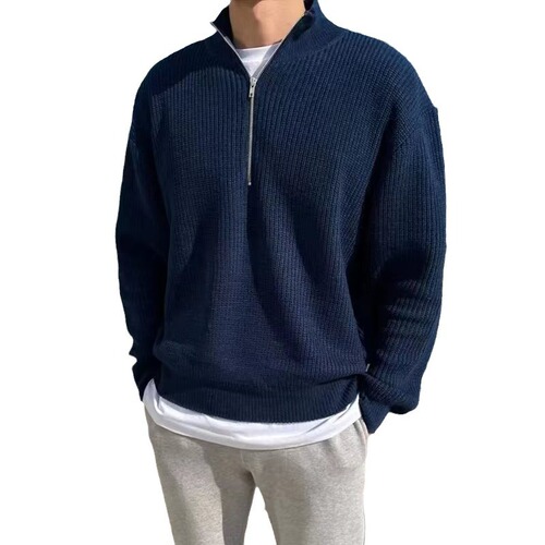 Spring and autumn loose and fashionable half-zip pullover sweater for men Hong Kong style versatile casual design stand-up collar sweater
