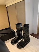 牛皮~葡萄ma同款增高4cm短靴女圆头侧拉链显瘦靴子厚底中筒骑士靴