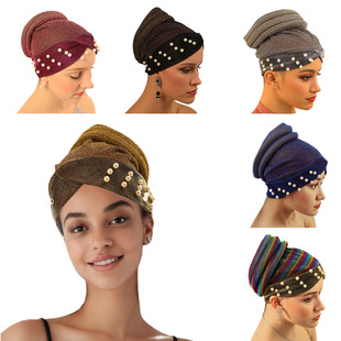 European and American Aliexpress Sponge Hair Baotou Hat Striped Color Block Beaded Indian Hat Muslim Chemotherapy Hat Easiest for Match
