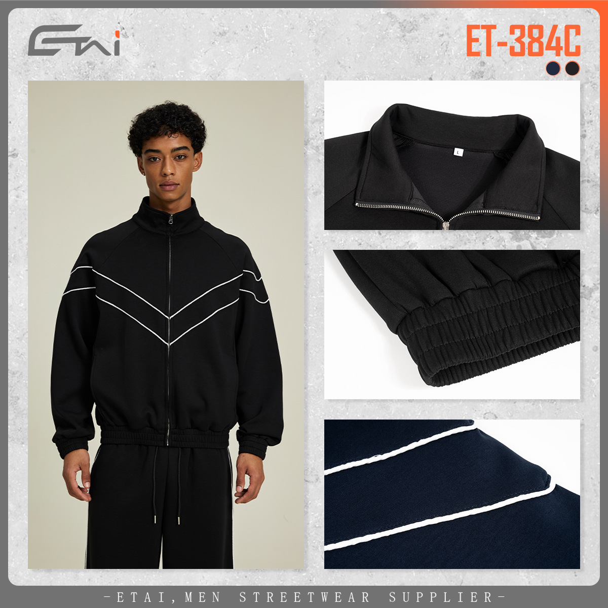 ETAI ropa de hombre primavera y otoño 320G hombre manga larga de cuello deportivo chaqueta casual chaqueta de estilo suelto chaqueta