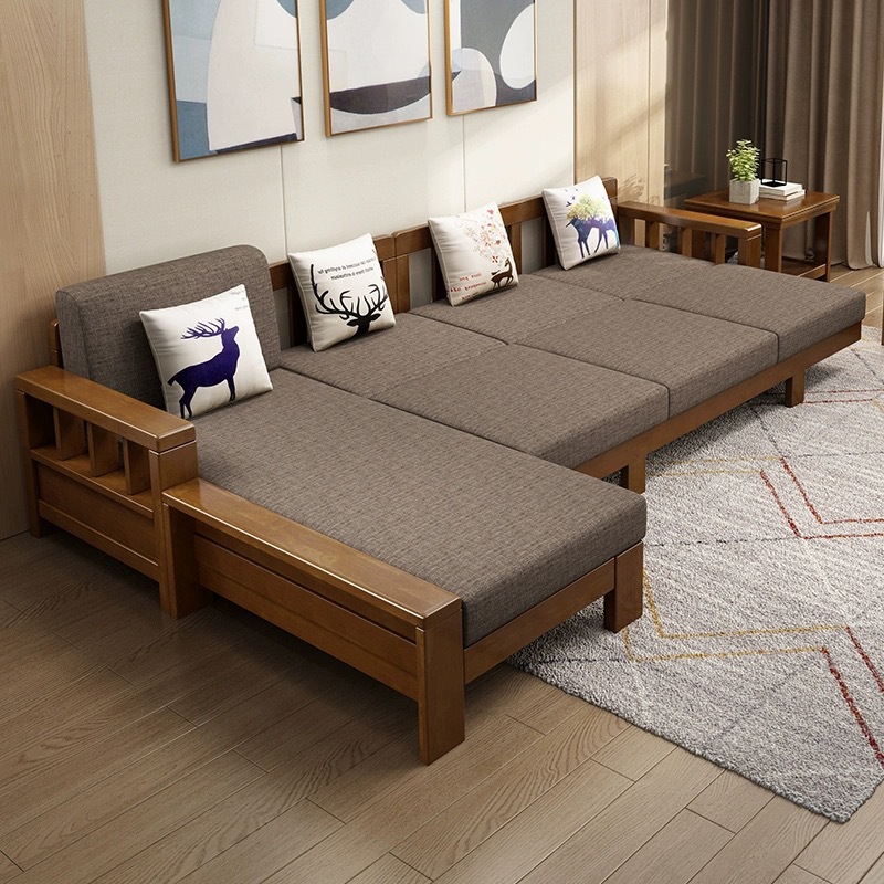 Solid Wood Sofa, Oak Modern Chinese Combination, Removable and Washable, Summer and Winter Dual-Purpose Corner Fabric Sofa, Living Room Full Set