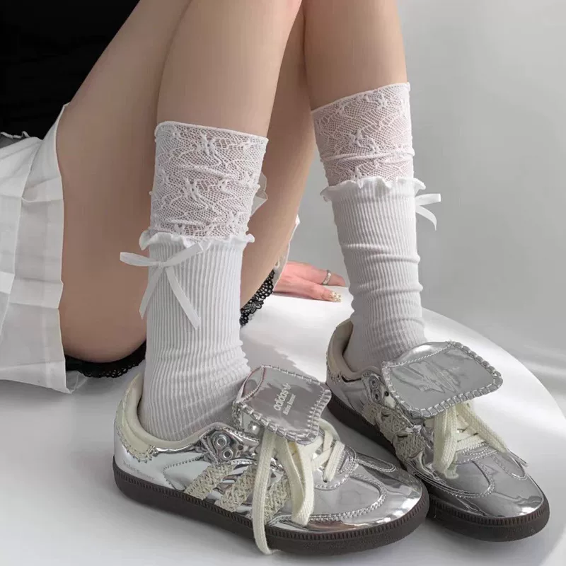 Autumn white colored lace knee socks with bow, Lolita style, lace dress