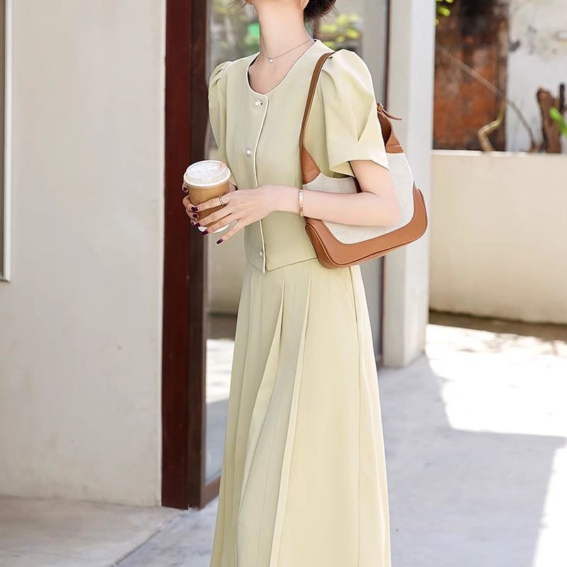 2025 French Style Two-Piece Spliced ​​Slim Dress Pea Green Pink Stewardess Uniform Spandex