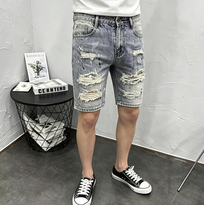 Herren Denim Shorts Retro Distressed Patchwork Stretch Sommerhose_voghion.com