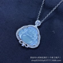 高级缅甸天然蓝水翡翠冰种佛公玉吊坠纯银镶嵌蓝水高冰种弥勒佛