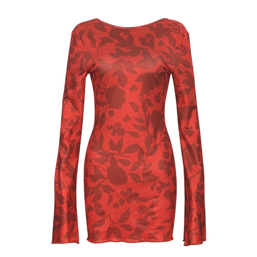 W229DS Western Autumn Round Neck Long Sleeve Sexy Leopard Print Belted Backless Short Dress