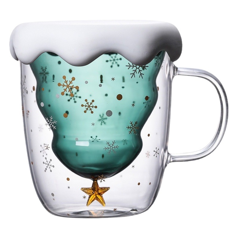 Taza navideña de vidrio de doble capa con asa, diseño de estrella y deseos, ideal para leche o jugo