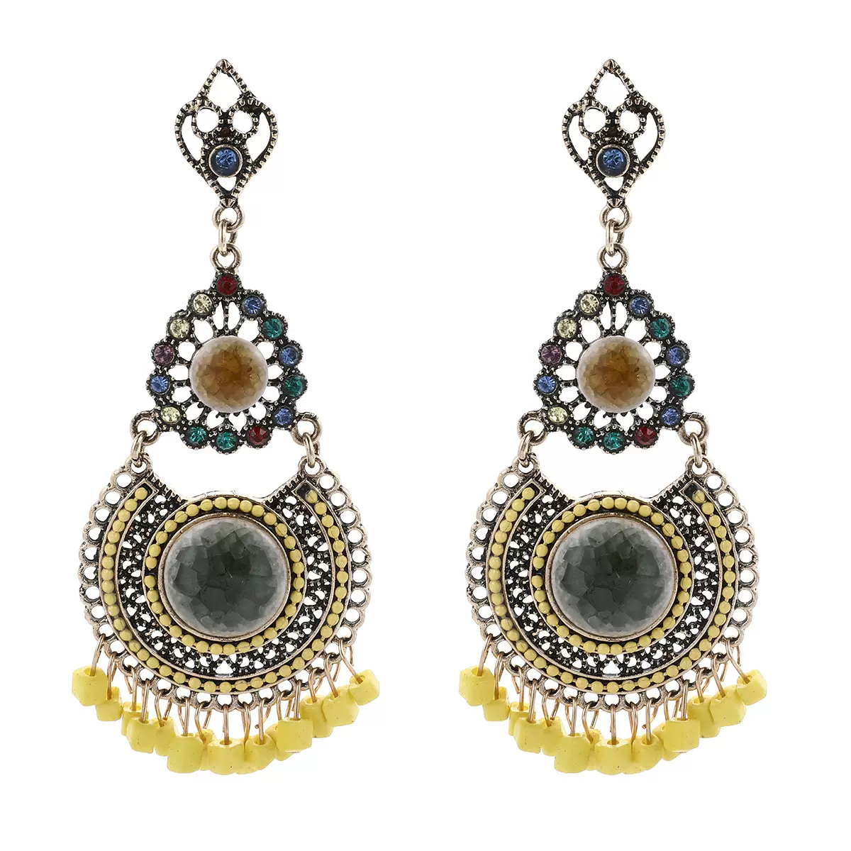 欧美跨境大牌复古长款猫眼石流苏耳环波西米亚民族风耳饰earrings