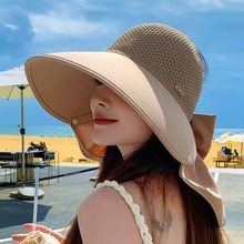 夏季新款帽子女高级感镶钻字母标防晒遮阳帽空顶蝴蝶结护脖披肩帽
