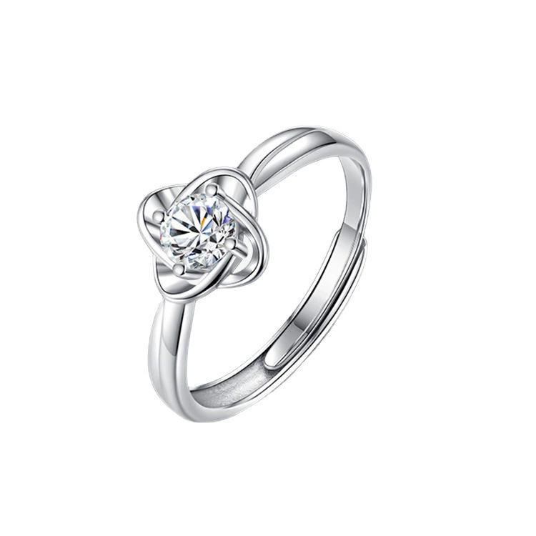 Brand adjustable ring, silver 925 sample, four-leaf clover, on index finger, light luxury style