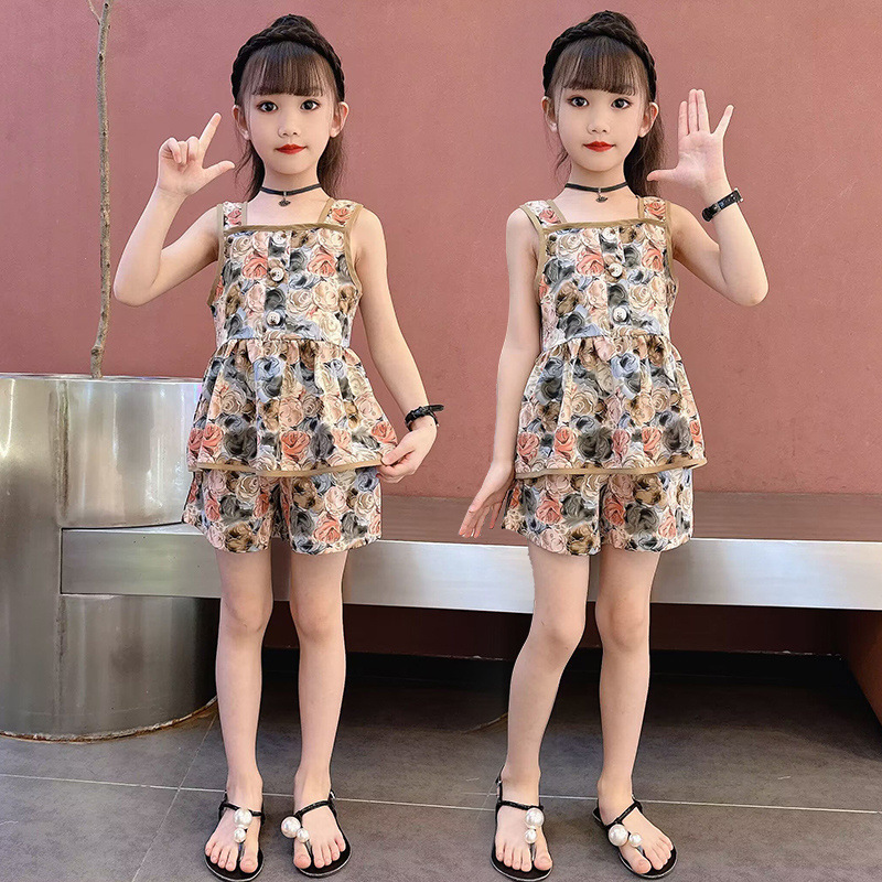 女童夏装套装2024新款小女孩夏季时髦洋气儿童吊带短裤背心两件套