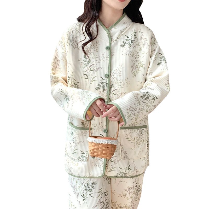 (2개) 가을 겨울 임산부 파자마 에어 인터레이어 가슴 패드 2피스 세트 유행 국가 스타일 모유 수유 산후 옷 가정복