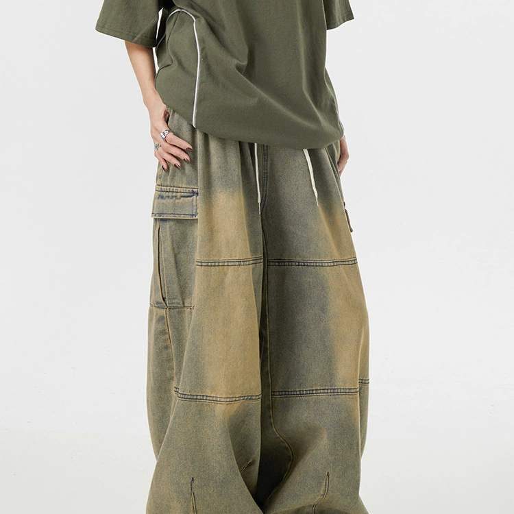 Винтажные желтые грязевые широкие джинсы для мужчин и женщин на высокой улице oversize свободные мульти карманные повседневные брюки