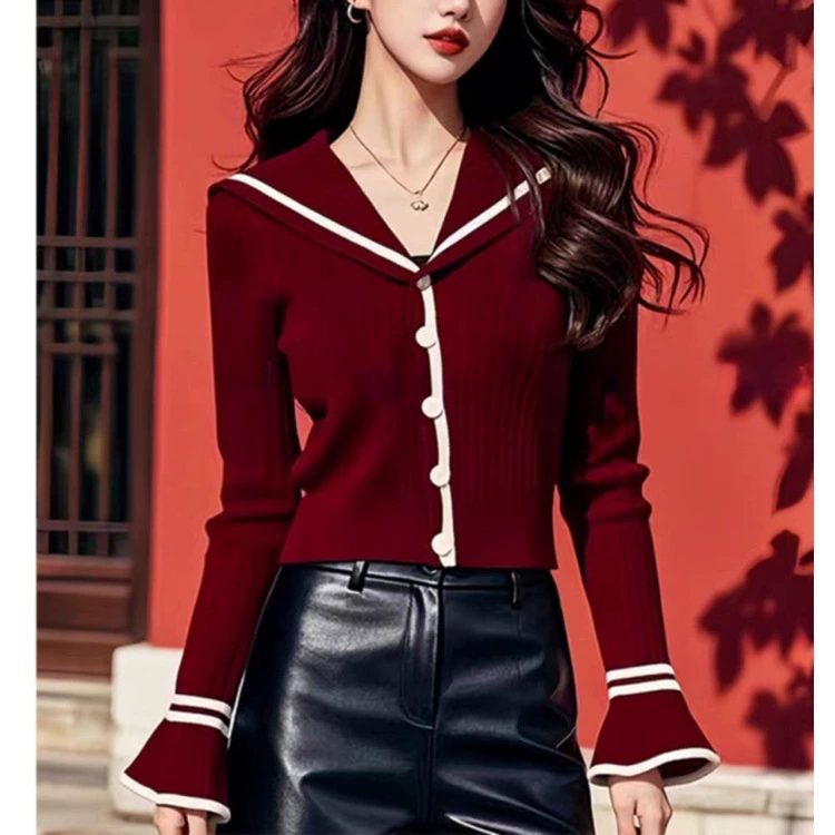 Нavy burgundy вязаный осенний свитер, корейский стиль