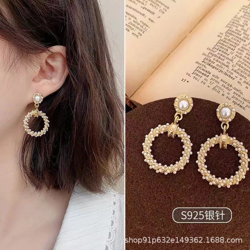 S925 Silver Pin Pearl Large Earrings Retro Hong Kong-style South Korea Long High-end Sense Explosive Fashionable Elegant All-match Earrings