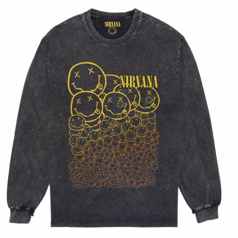 Nirvana Vintage American retro apenado rock punk angustiado lavado batik Camiseta de manga larga