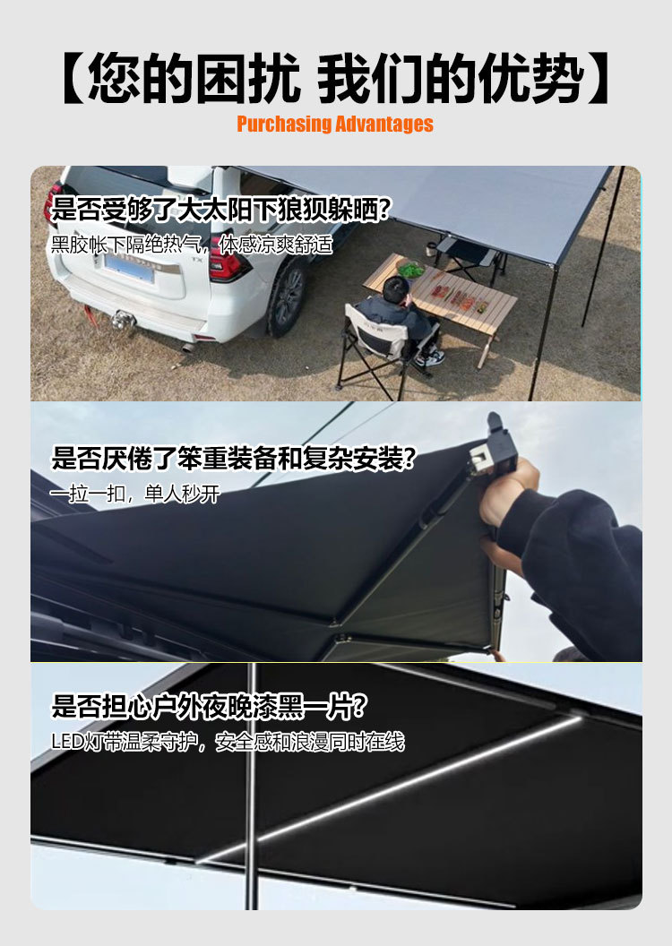 Side Tent for Car, Outdoor Camping, Self-Driving Tour, Sunshade and Rain Protection, Extended Semi-Automatic Car Canopy