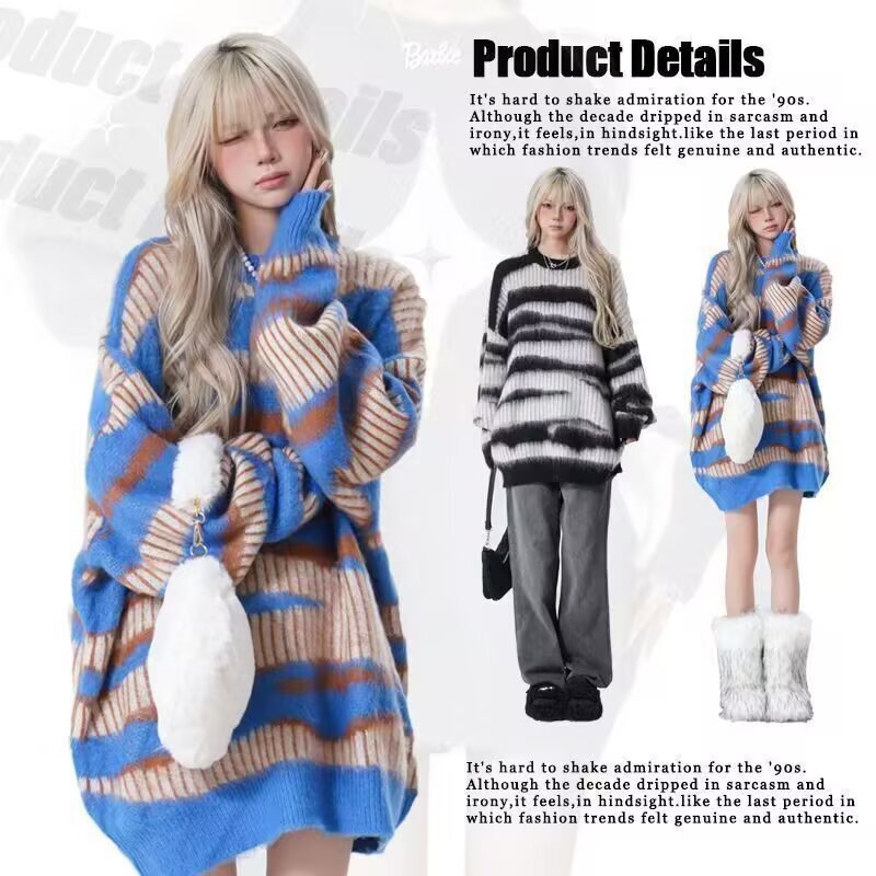2025 American Stripesd Pullover Knitwear Women's Spring & Fall New Style Lazy Style Loose Long-Sleeved Knitwear Top Classy 2025 American Stripesd Pullover Knitwear Women's Spring & Fall New Style Lazy Style Loose Long-Sleeved Knitwear Top Classy