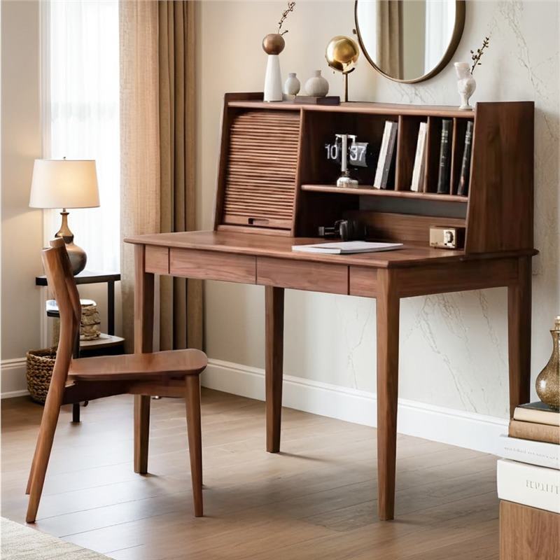 Dressing Table, Student Combination Desk, Writing Desk, Simple Solid Wood Black Table, Walnut Wood Bookshelf, Multi-Functional