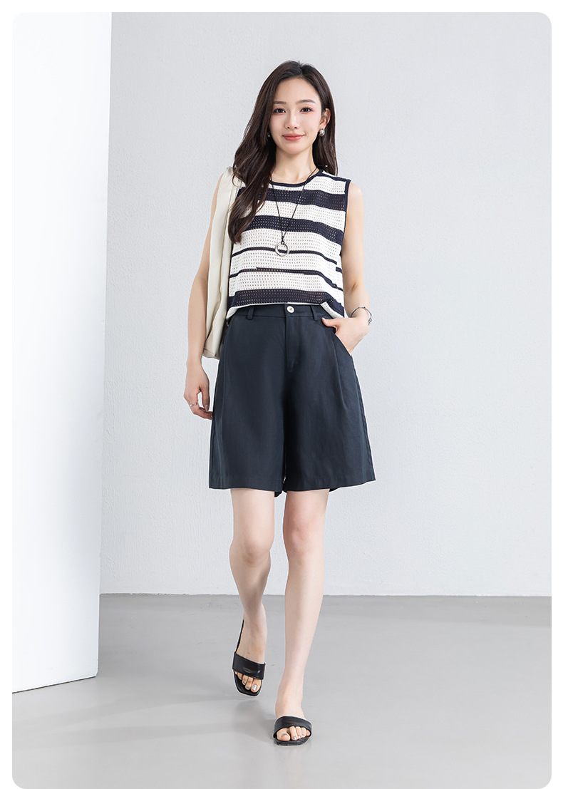 Quần short nữ cạp cao dáng chữ A ống rộng chất liệu linen phối lụa thoáng mát — màu xanh navy chi tiết 20