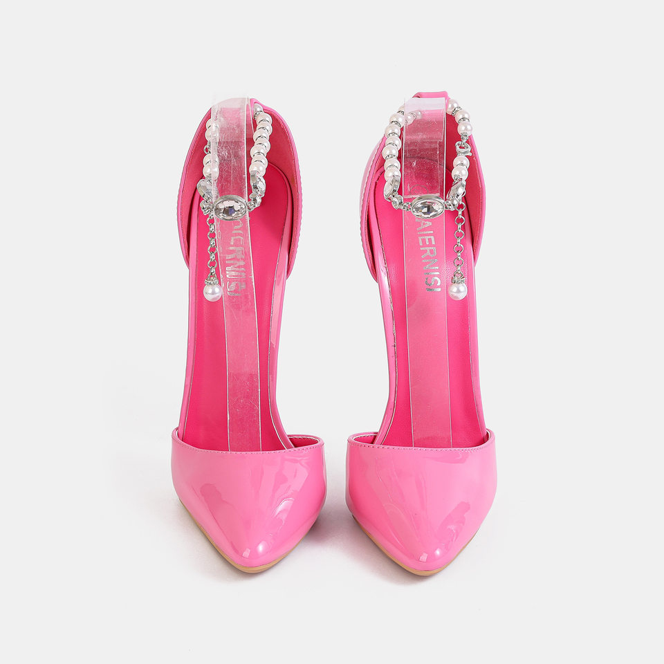 Giày cao gót nữ mũi nhọn quai ngang một chữ, gót nhọn siêu cao, thân giày PU — Hồng đào, bạc, màu tím, màu đỏ chi tiết 2
