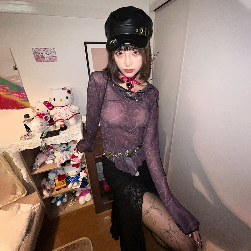 L007TP Европа и США Spice Girl 2024 лето новый круглый вырез с длинным рукавом с сетчатым принтом нерегулярные расклешенные рукава женский топ