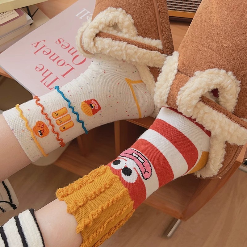 women‘s socks pure cotton mid-calf length socks south korea dongdaemun high-profile figure french fries cute cartoon ugly and cute eccentric personality long socks