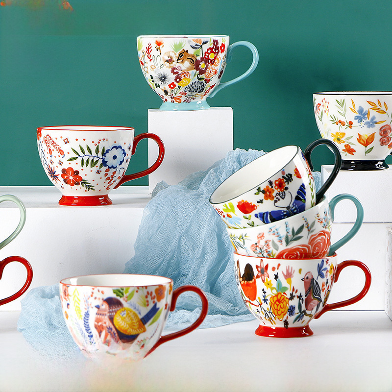 European and American-style hand-painted ceramic cup creative underglaze color water cup large capacity milk cereal breakfast cup wholesale