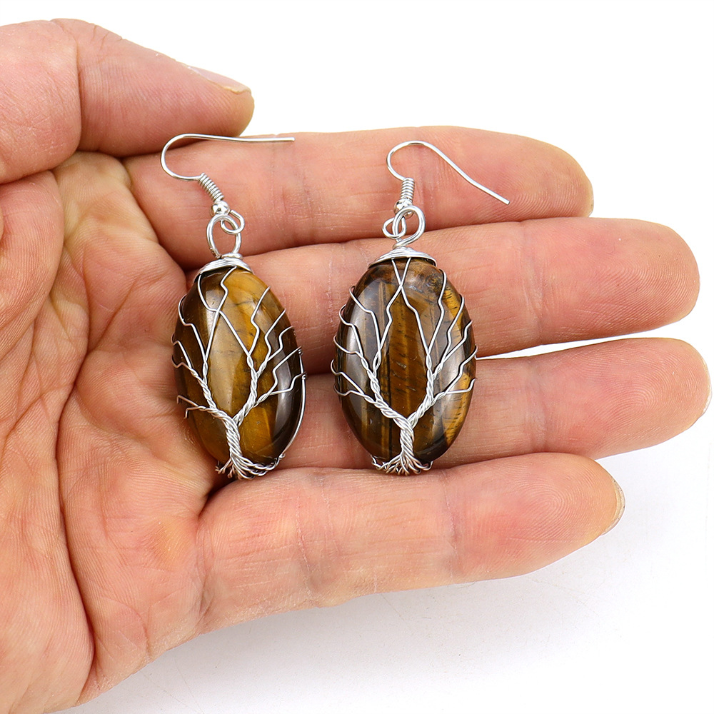 1 Pair Ethnic Style Tree Oval Alloy Natural Stone Handmade Drop Earrings display picture 4